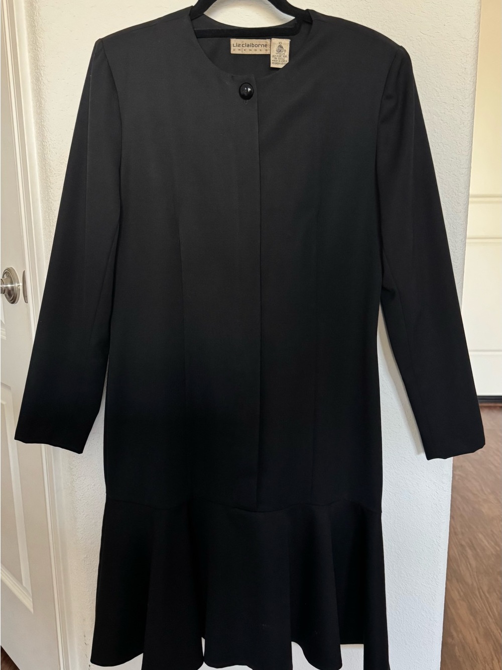 Vintage Liz Claiborne Black Wool Dress Size 10 Drop Waist Pleated Midi 100% Wool